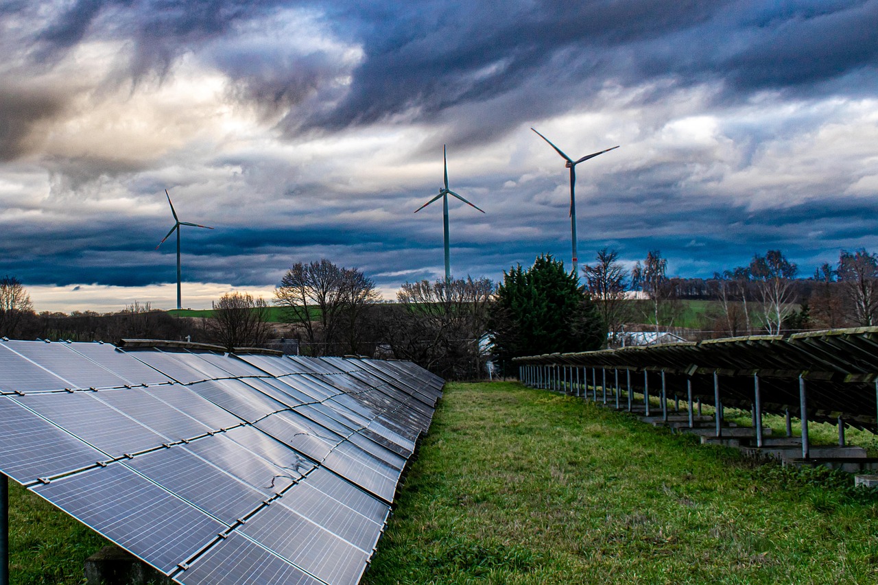 solar panel, solar energy, pinwheels, renewable energy, green power, energy transition, nature, solar park, photovoltaic, clouds, autumn sky, power generation, environment, environmentally friendly-4716640.jpg